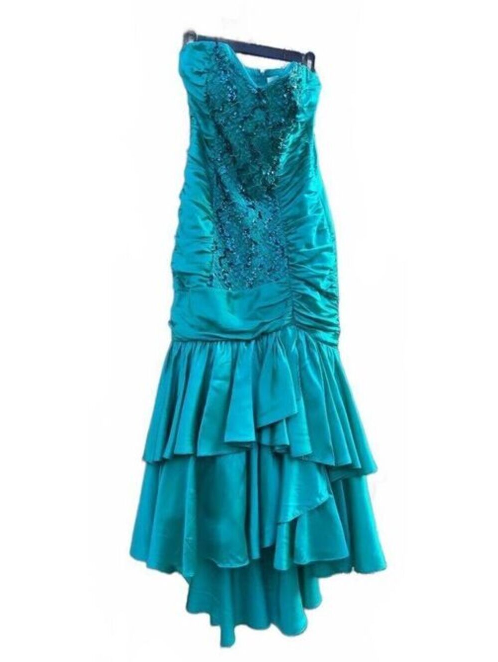 Vintage Strapless Turquoise Evening Dress with Ruffled Skirt and Sequin Detail